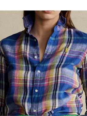Polo Ralph Lauren Plaid Linen Shirt Button Up Classic Denim